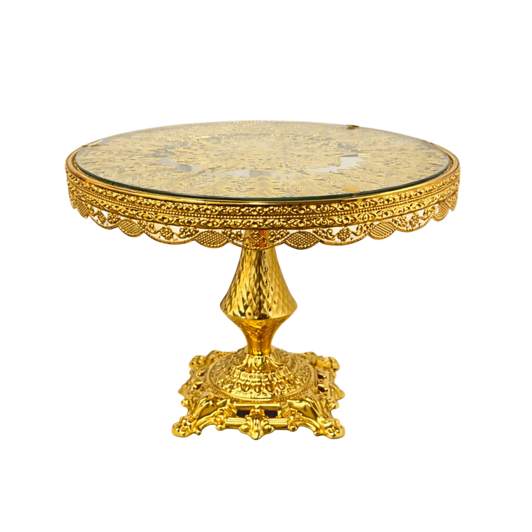 14-Inch Ornate Gold Pedestal Cake Stand with Glass Top
