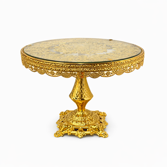 Ornate Gold Pedestal Cake Stand with Glass Top - Decorative Dessert Display