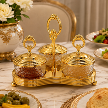 Gold-Tone Condiment Server with 3 Textured Glass Bowls and Lids
