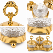 Gold-Tone Condiment Server with 3 Textured Glass Bowls and Lids