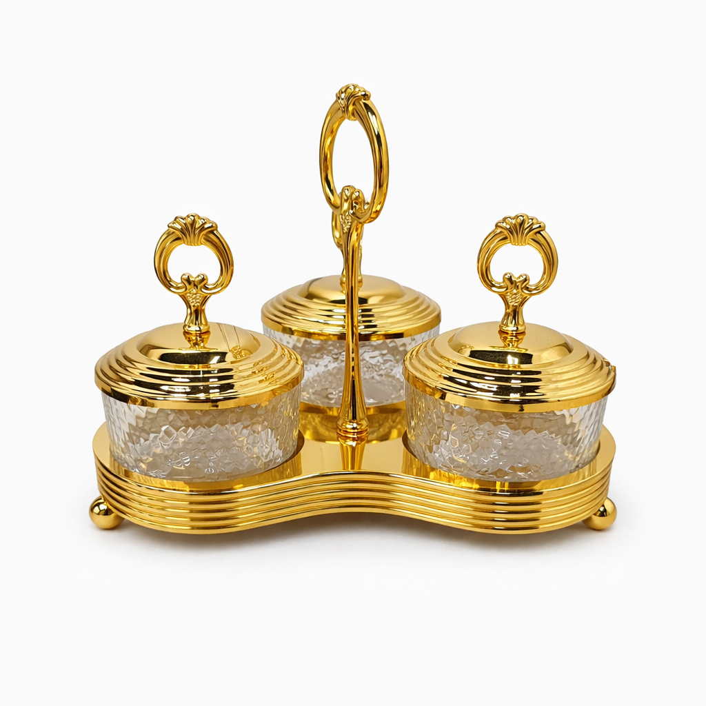 Gold Condiment Server with 3 Glass Bowls & Lids - Decorative Table Set