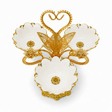 Gold 3-Bowl Dessert Serving Stand with Porcelain Flower Bowls
