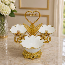 Gold 3-Bowl Dessert Serving Stand with Porcelain Flower Bowls