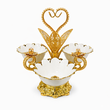 Gold 3-Bowl Dessert Serving Stand with Porcelain Flower Bowls