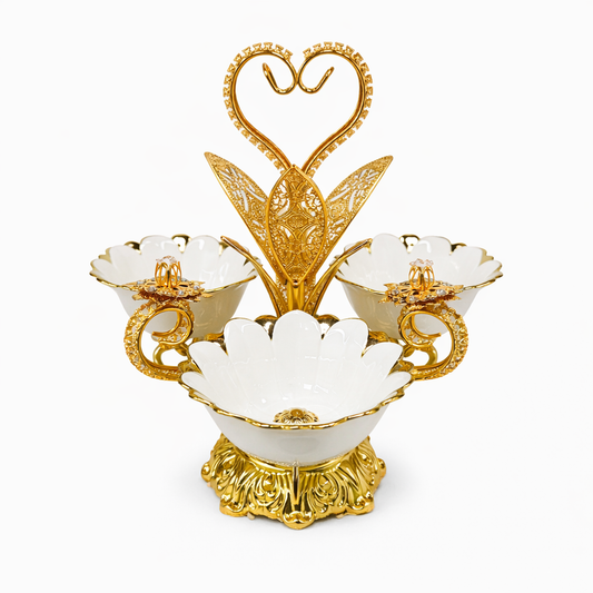 Gold 3-Bowl Dessert Serving Stand with Porcelain Flower Bowls