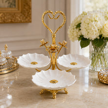 Gold 3-Bowl Dessert Serving Stand with Porcelain Flower Dishes