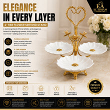 Gold 3-Bowl Dessert Serving Stand with Porcelain Flower Dishes
