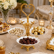 Gold-Tone 3-Bowl Dessert Serving Stand with Porcelain Flower Dishes