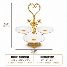Gold-Tone 3-Bowl Dessert Serving Stand with Porcelain Flower Dishes