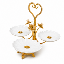 Gold-Tone 3-Bowl Dessert Serving Stand with Porcelain Flower Dishes