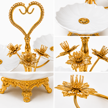 Gold-Tone 3-Bowl Dessert Serving Stand with Porcelain Flower Dishes