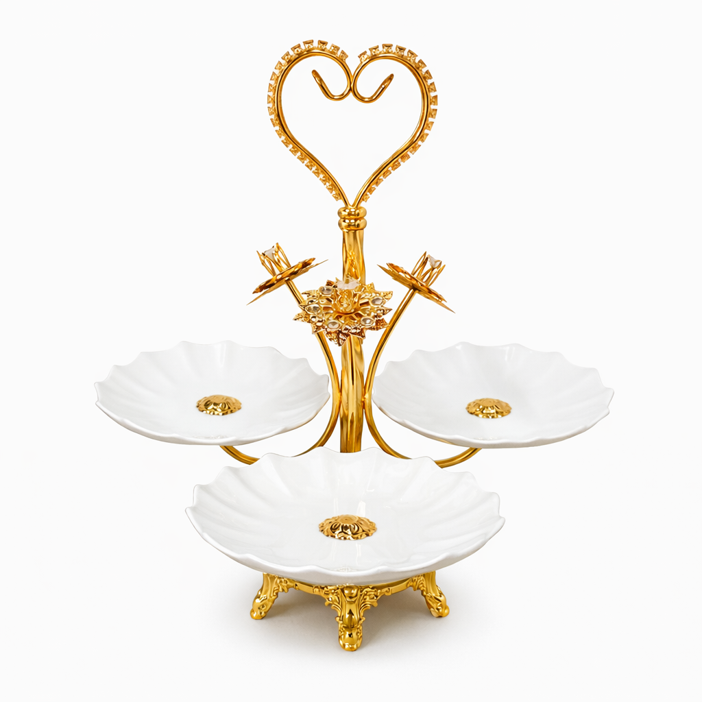 Gold 3-Bowl Dessert Serving Stand with Porcelain Flower Dishes