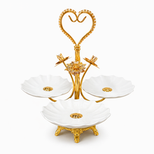 Gold 3-Bowl Dessert Serving Stand with Porcelain Flower Dishes