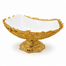 Gold Filigree Pedestal Serving Bowl with White Porcelain Insert, 10.75 Inch