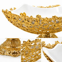 Gold Filigree Pedestal Serving Bowl with White Porcelain Insert, 10.75 Inch