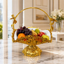 Gold Filigree Fruit Basket with White Porcelain Bowl and Carry Handle