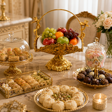 Gold Filigree Fruit Basket with White Porcelain Bowl and Carry Handle