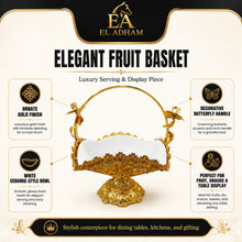 Gold Filigree Fruit Basket with White Porcelain Bowl and Carry Handle