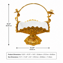 Gold Filigree Fruit Basket with White Porcelain Bowl and Carry Handle