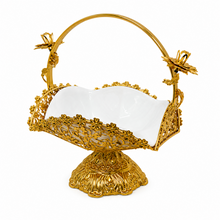 Gold Filigree Fruit Basket with White Porcelain Bowl and Carry Handle