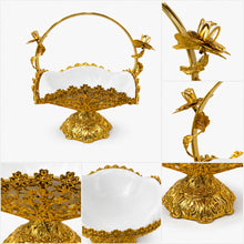 Gold Filigree Fruit Basket with White Porcelain Bowl and Carry Handle