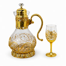 Gold Decorative Glass Pitcher and 6 Goblet Set with Filigree Detailing