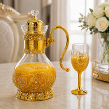 Gold Decorative Glass Pitcher and 6 Goblet Set with Filigree Detailing