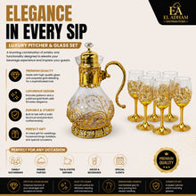 Gold Decorative Glass Pitcher and 6 Goblet Set with Filigree Detailing
