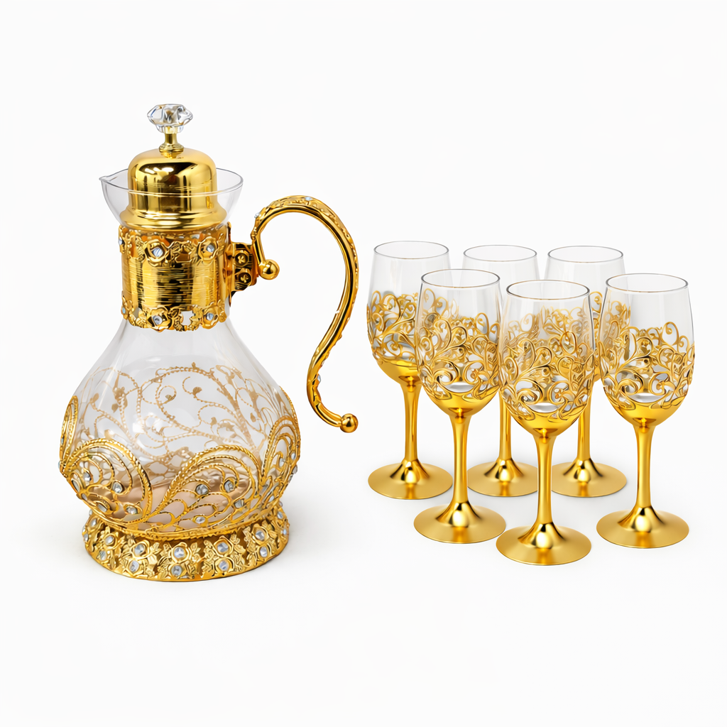 Gold Decorative Glass Pitcher and 6 Goblet Set with Filigree Detailing