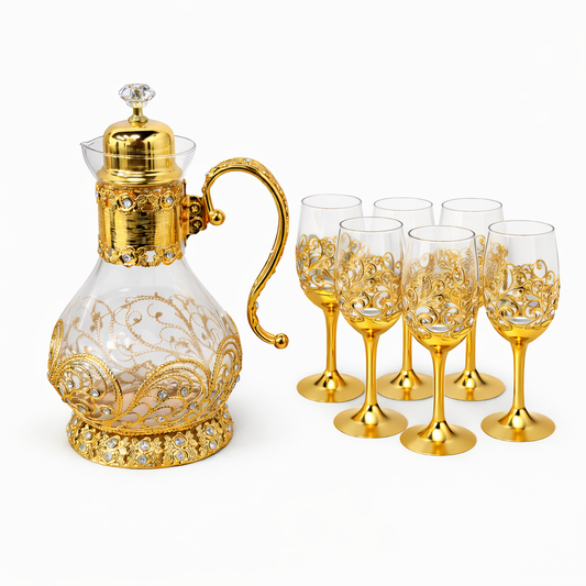 Gold Decorative Glass Pitcher and 6 Goblet Set with Filigree Detailing