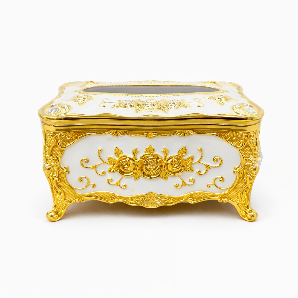 Gold Decorative Tissue Box Holder with Floral Embossed Design