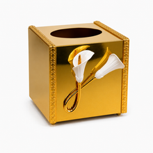 Gold Mirror-Finish Tissue Box Holder with Calla Lily Accent, 6.5 Inch