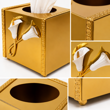 Gold Mirror-Finish Tissue Box Holder with Calla Lily Accent, 6.5 Inch