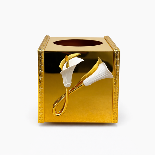 Gold Mirror Tissue Box Holder with Decorative Calla Lily Accent