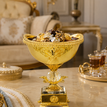Cream and Gold-Tone Pedestal Dessert Bowl with Ornate Base, 8.5 Inch