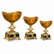 Gold-Rim Gold-Tone Pedestal Candy Bowls with Ornate Bases, Set of 3