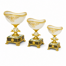 Gold-Rim White Pedestal Candy Bowls with Ornate Bases, Set of 3