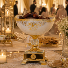 Gold-Rim White Pedestal Dessert Bowl with Ornate Base, 8.5 Inch