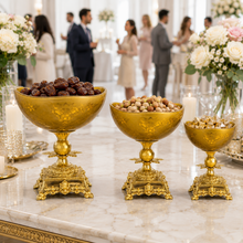 Elegant Gold-Tone Pedestal Candy Bowls with Ornate Bases, Set of 3
