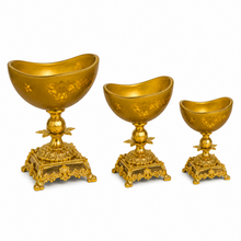 Elegant Gold-Tone Pedestal Candy Bowls with Ornate Bases, Set of 3
