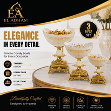 Elegant White Pedestal Candy Bowls Set of 3 with Gold-Tone Decorative Bases