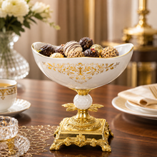 Elegant White Pedestal Dessert Bowl with Ornate Gold-Tone Base, 8.5 Inch