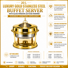 20 L Luxury Gold Stainless Steel Buffet Server with Glass Window Lid Food Warmer