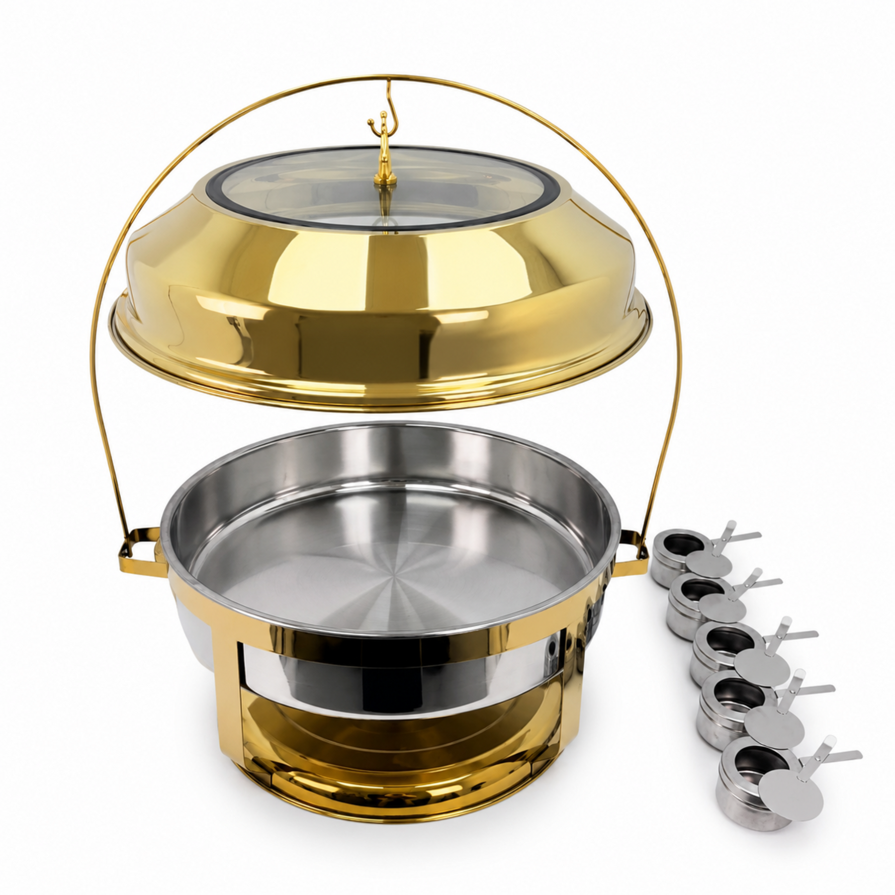 9L Round Gold-Tone Buffet Chafer with Glass-Window Lid and Stand