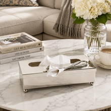 Silver Stainless Steel Tissue Box Cover with Floral Accent, 10.5 Inch