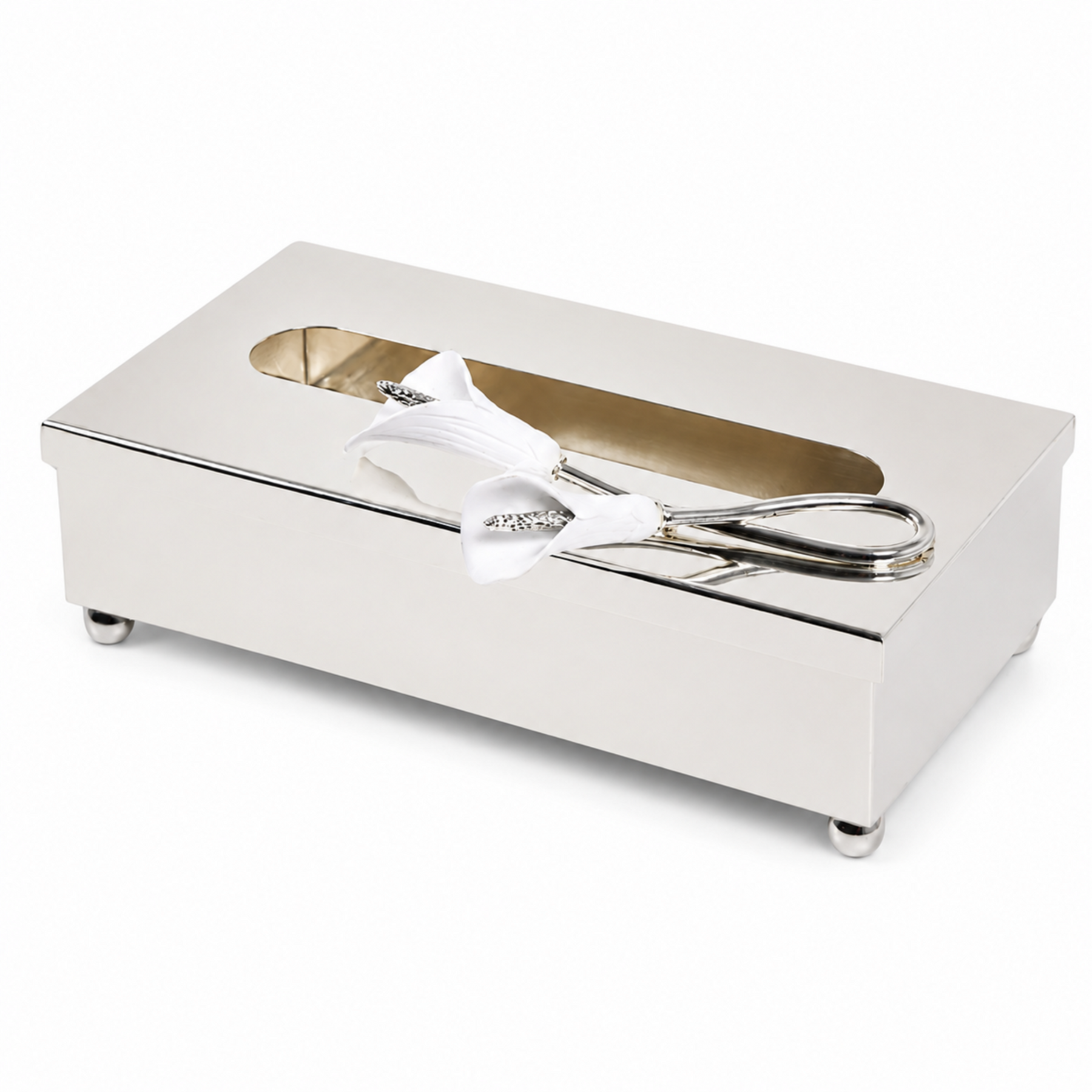 Silver Stainless Steel Tissue Box Cover with Floral Accent, 10.5 Inch