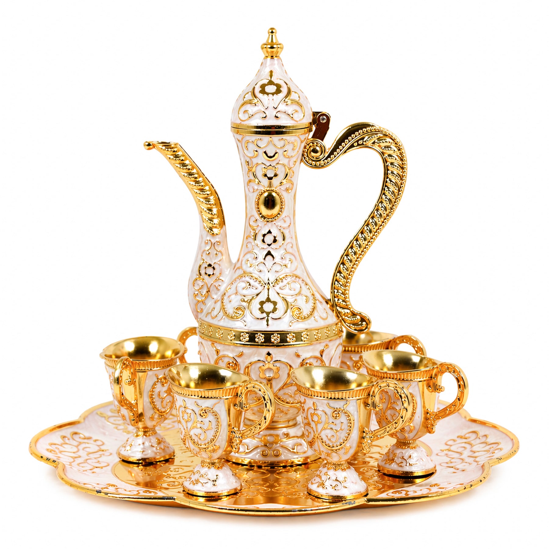 Luxury Gold and White Arabic Coffee Dallah Set With Tray and Cups