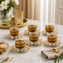 6-Cup Glass Tea Set with 6 Saucers, Gold Floral Design