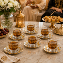 6-Cup Glass Tea Set with 6 Saucers, Gold Floral Design