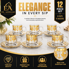 6-Cup Glass Tea Set with 6 Saucers, Gold Floral Design